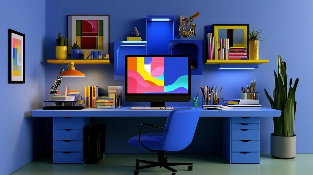 A tidy blue studio workspace with a monitor, shelves and reference books