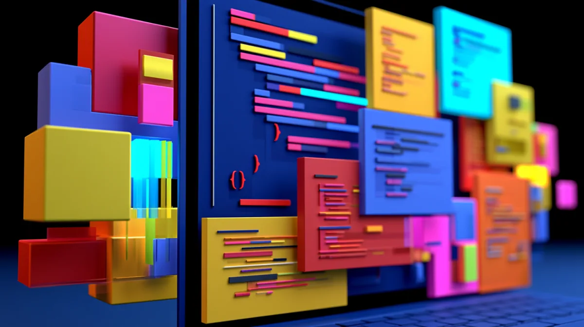Abstract rendering of stacked code panels in blue, yellow and magenta