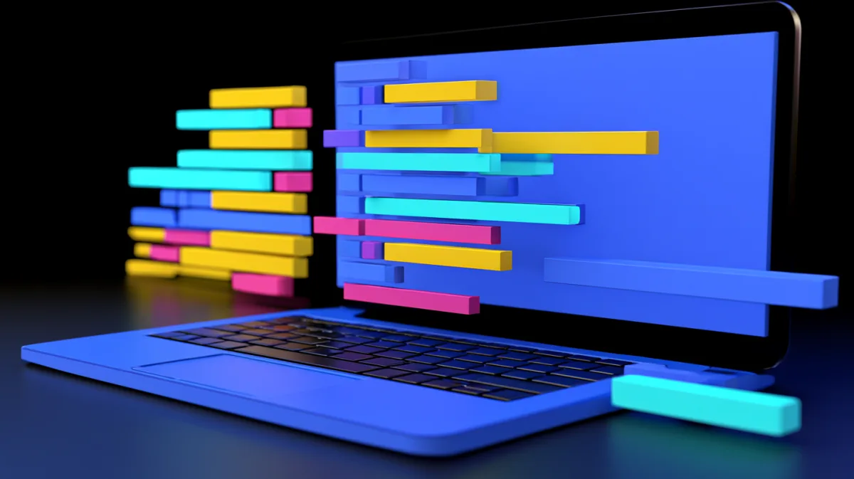 Abstract rendering of code lines floating in front of a laptop display
