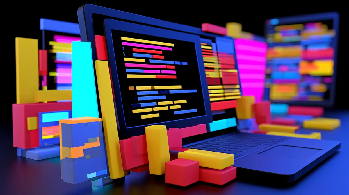 Dark workstation with several screens of colour-coded source code