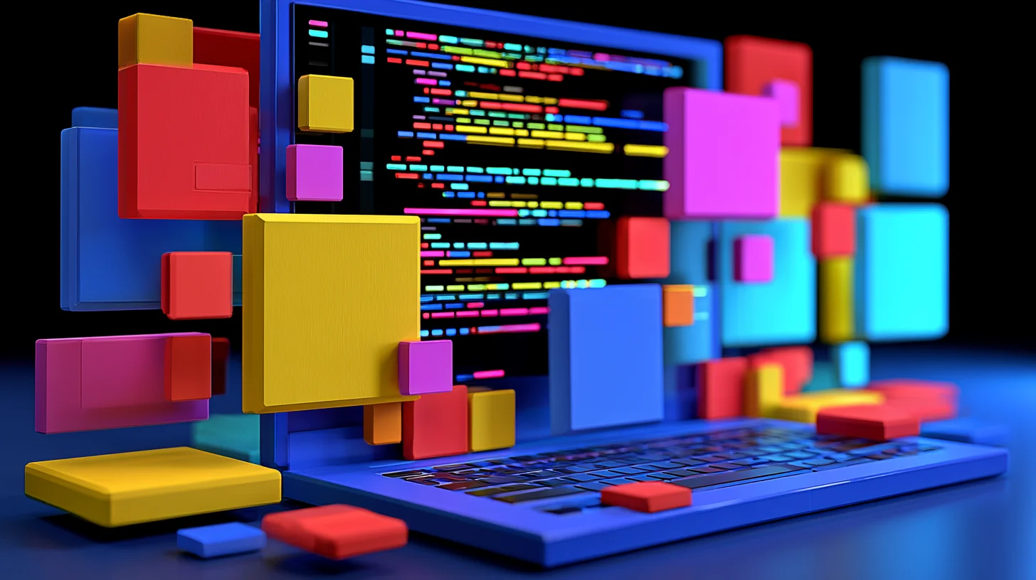 Abstract rendering of layered code blocks lifting off a laptop screen