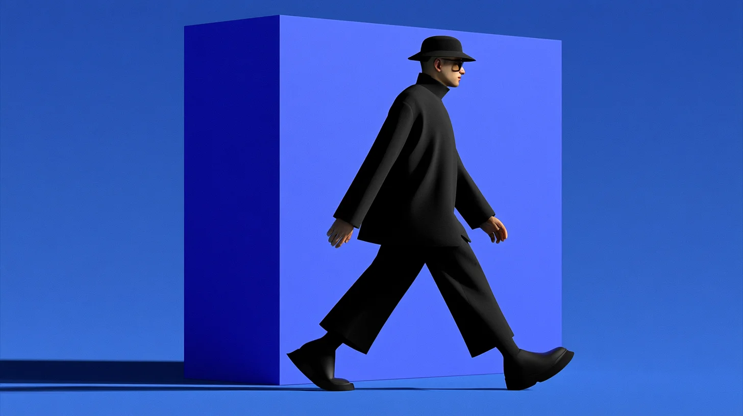 A figure walking past a large blue block, rendered in flat electric blue